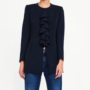 Zara Dark Navy Blue Front Frill Frock Coat Size M, Mini length